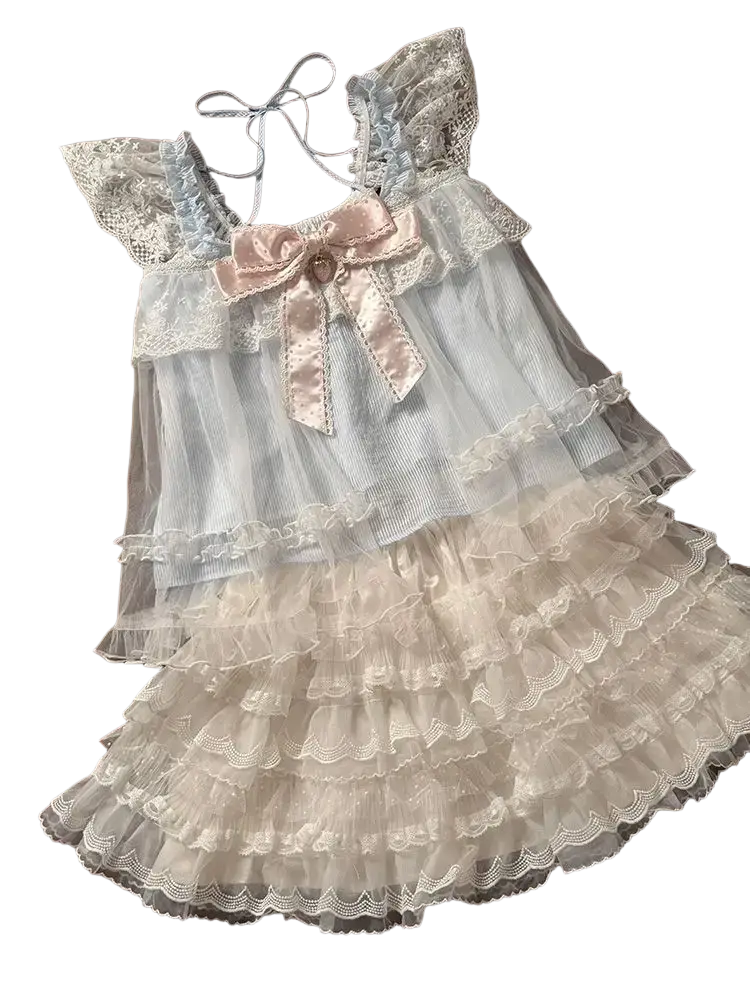 A kawaii 2-piece outfit set with pastel blue and white lace dress featuring layered ruffles satin bow waist cm sleeve closure type information