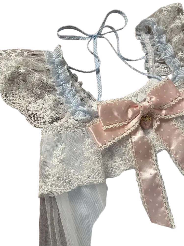 Kawaii 2-piece outfit set pullover with elastic waist featuring a pastel pink satin bow and light blue lace neckline closure type information