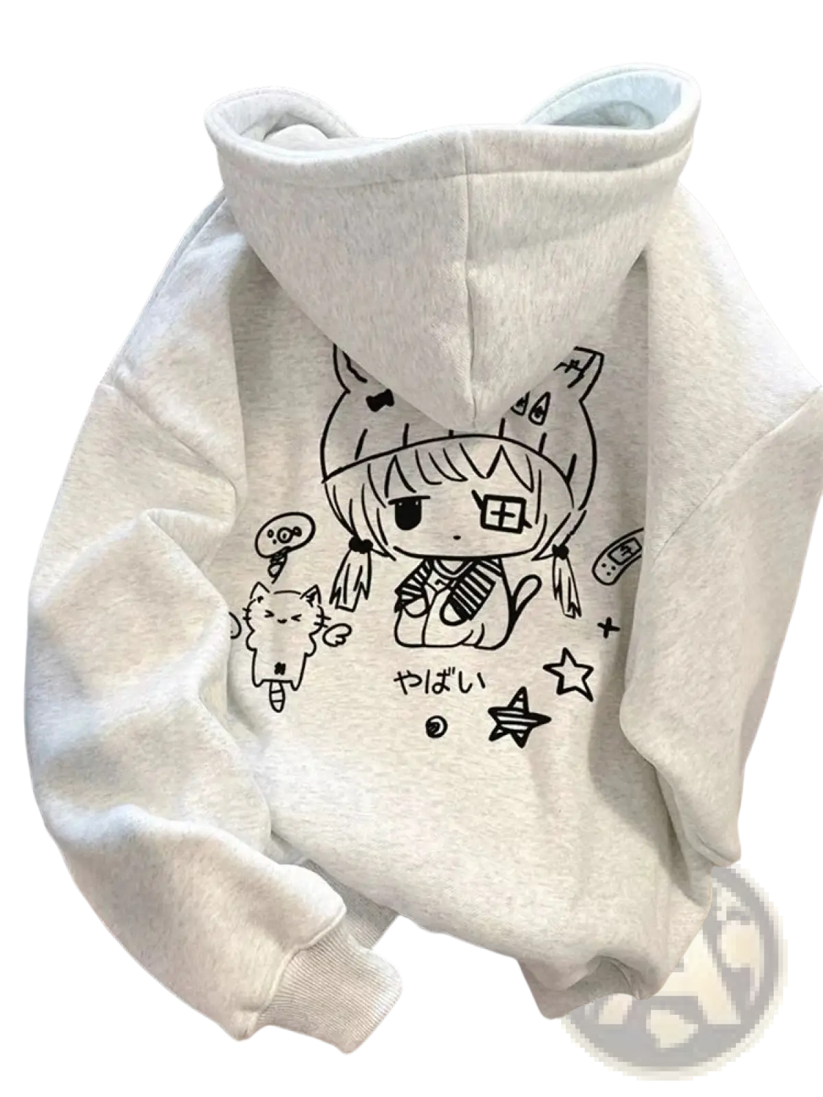 A soft heather gray cotton hoodie with a black line-art cartoon girl featuring cat ears and accessories