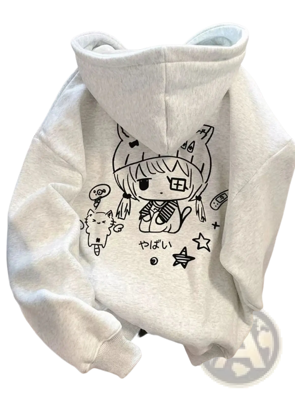 A soft heather gray hoodie featuring a black line-art anime girl with cat ears and a kitten illustration