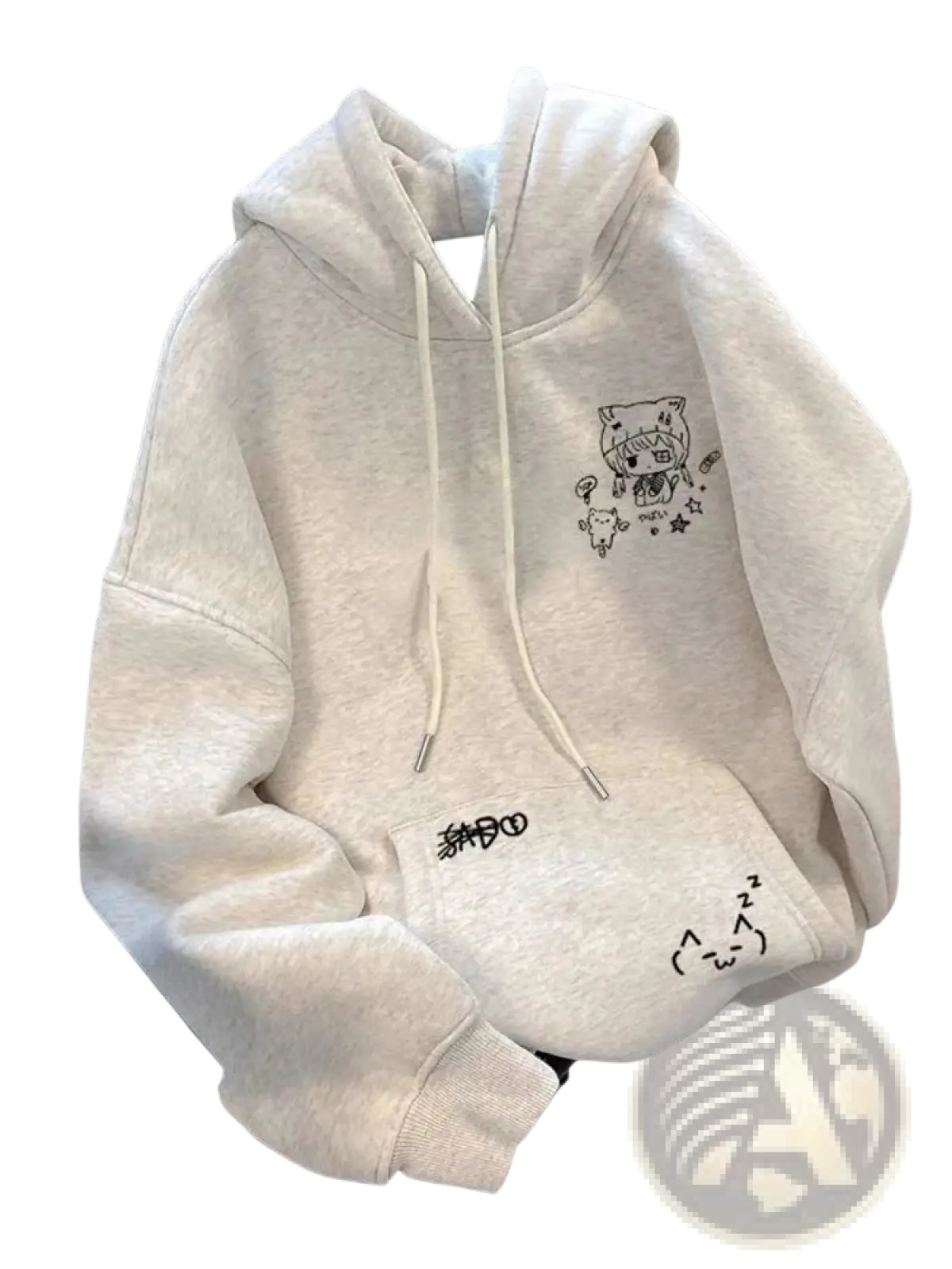 A soft heather gray kawaii anime cat ear Harajuku hoodie featuring a cartoon cat design and playful doodles on front