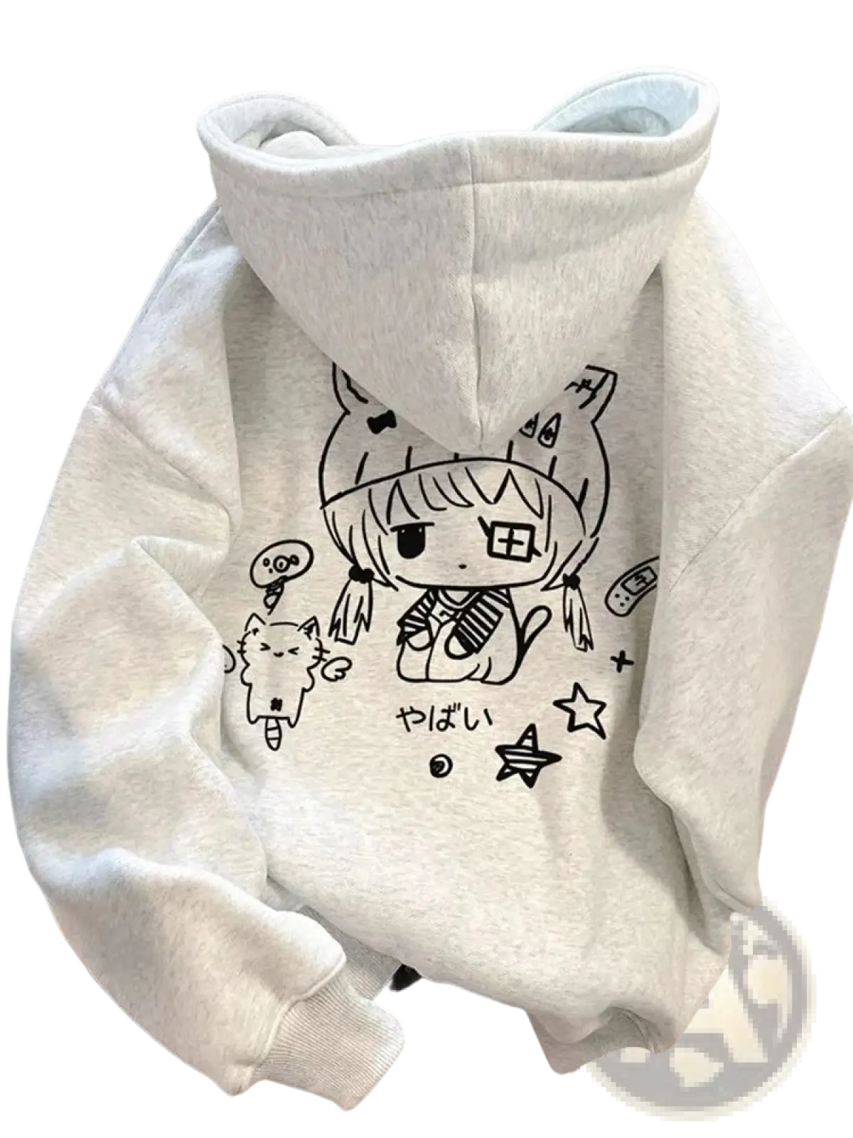 A soft heathered white hoodie with a black line-art anime girl with cat ears and pigtails for kawaii style