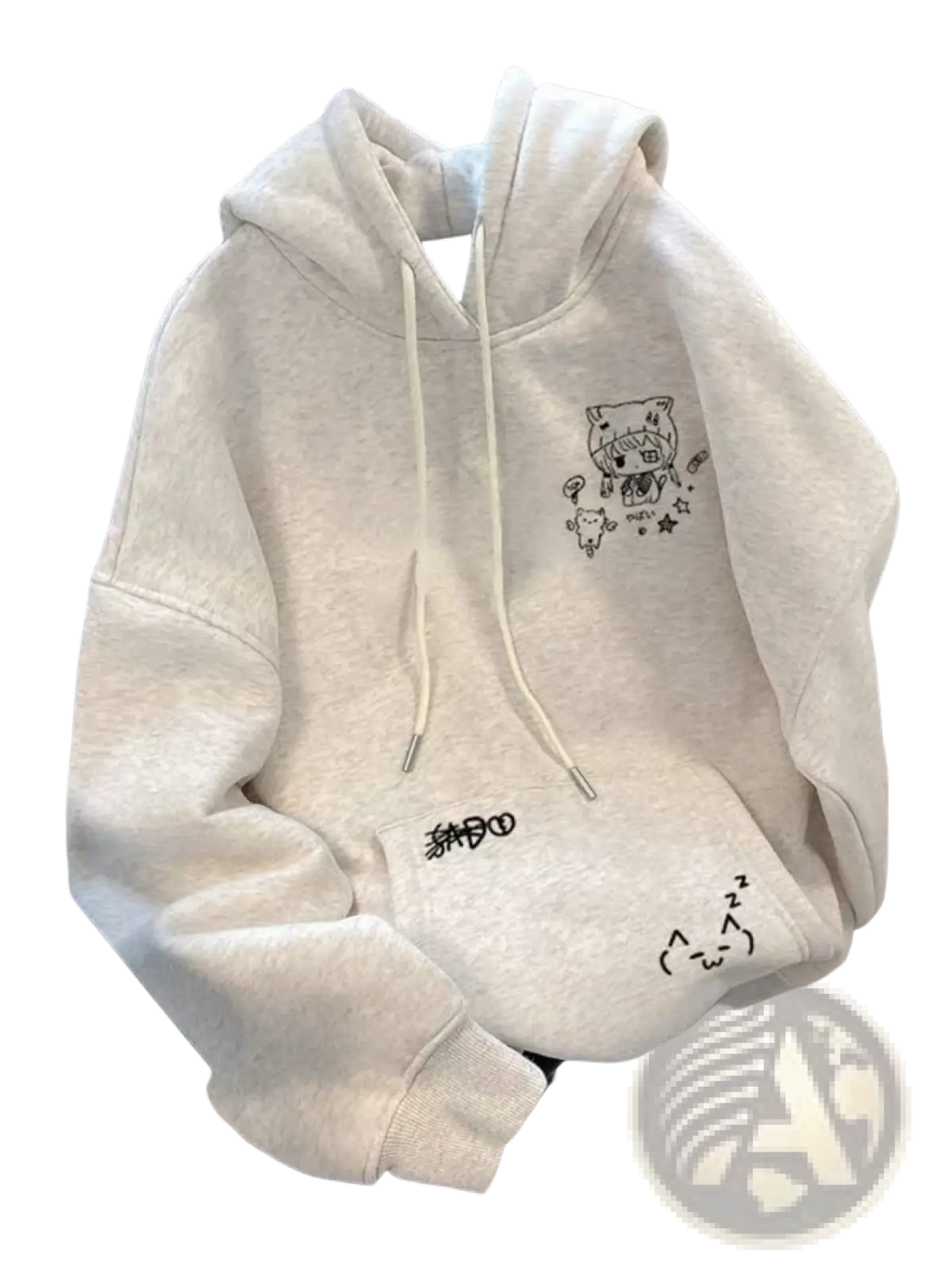 A soft off-white kawaii anime cat ear harajuku hoodie with black embroidered cartoon and doodles near pocket