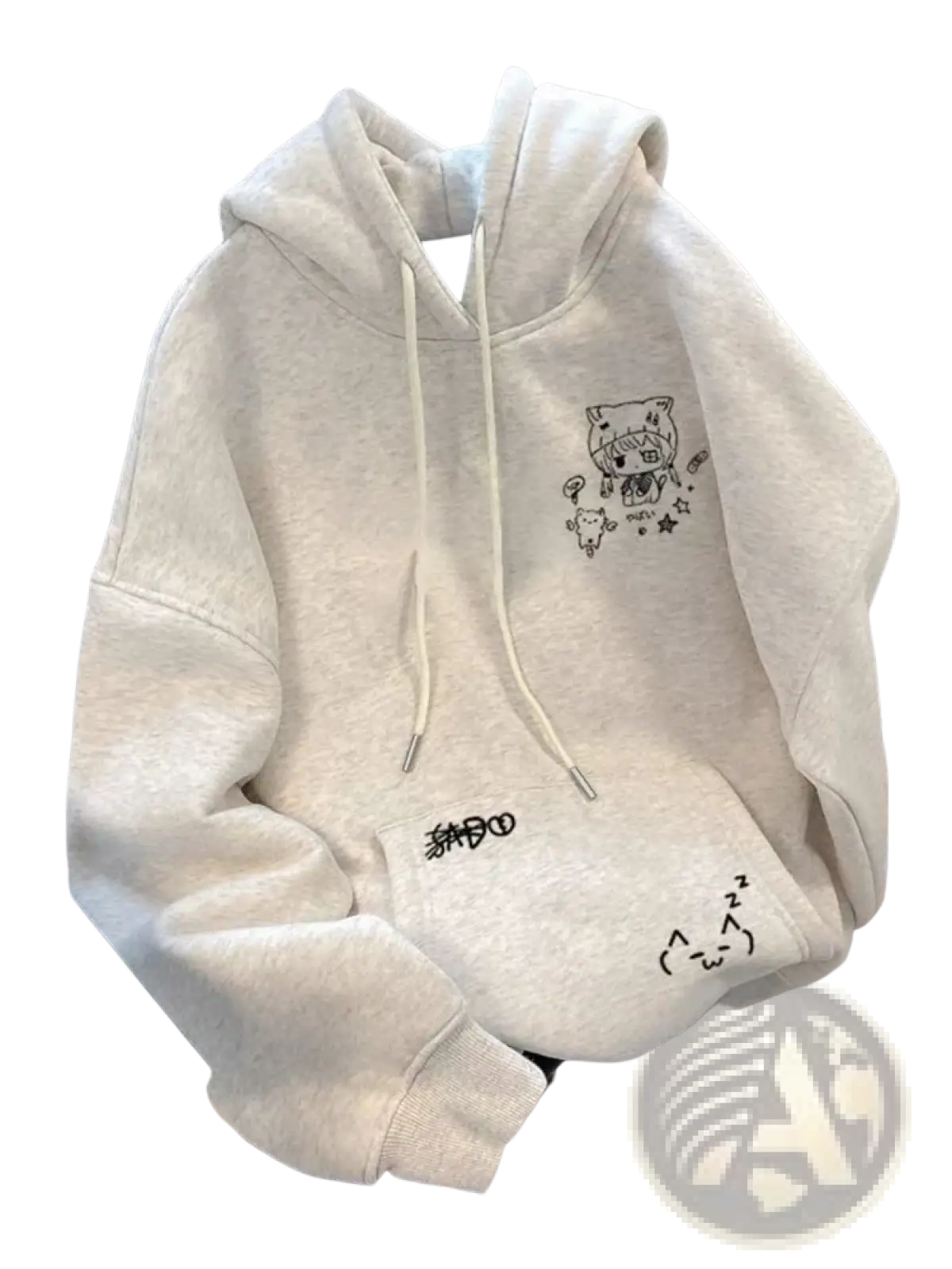 A soft off-white kawaii anime cat ear harajuku hoodie with black embroidered cartoon and doodles near pocket