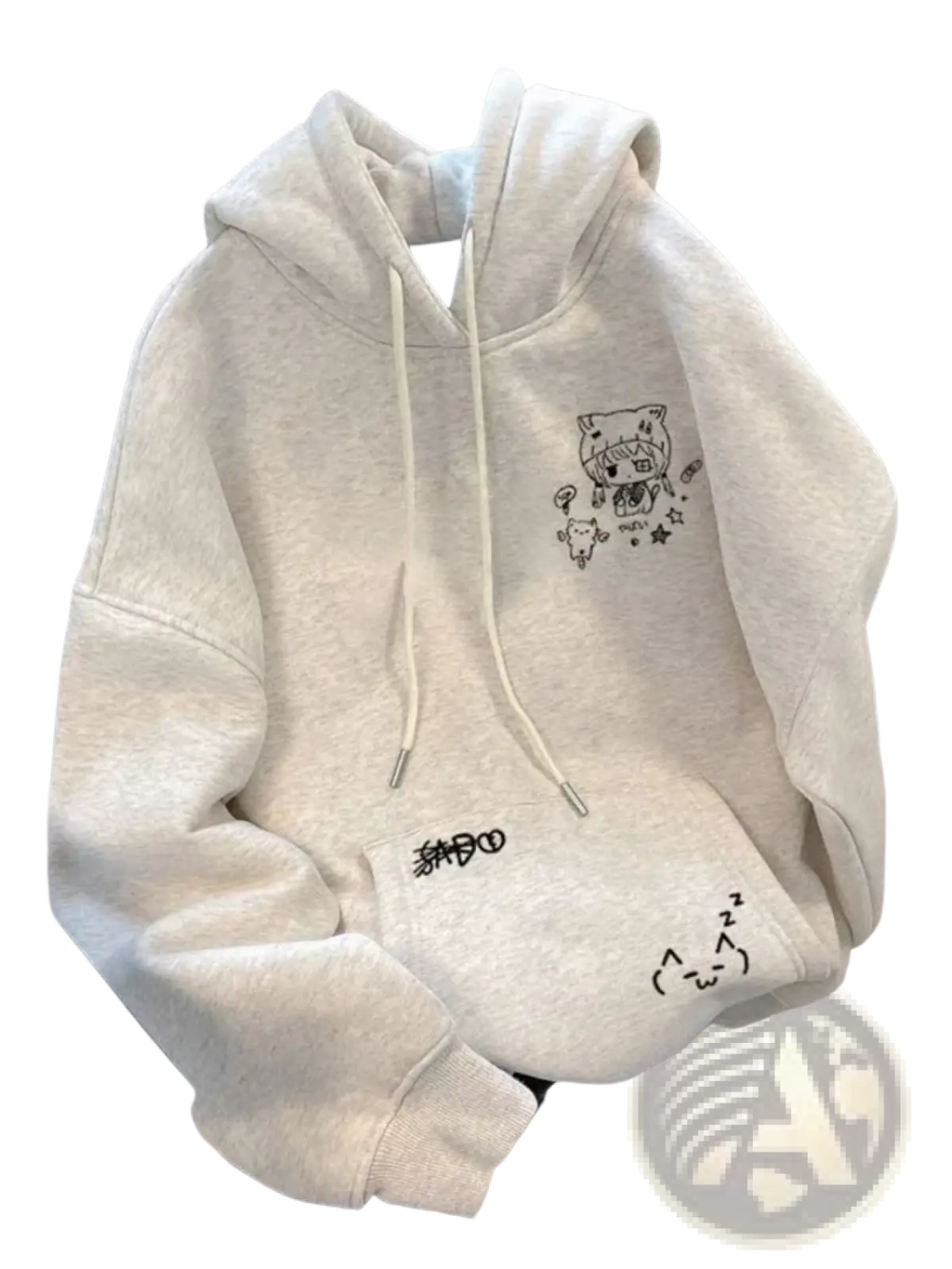 A soft off-white kawaii anime cat ear harajuku hoodie with a cartoon cat chest design and playful hem doodles