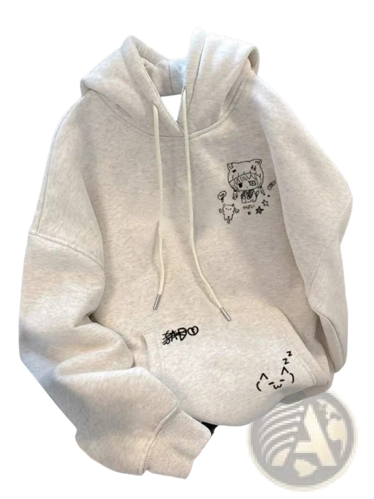 A soft off-white kawaii anime cat ear harajuku hoodie with a cartoon cat chest design and playful hem doodles