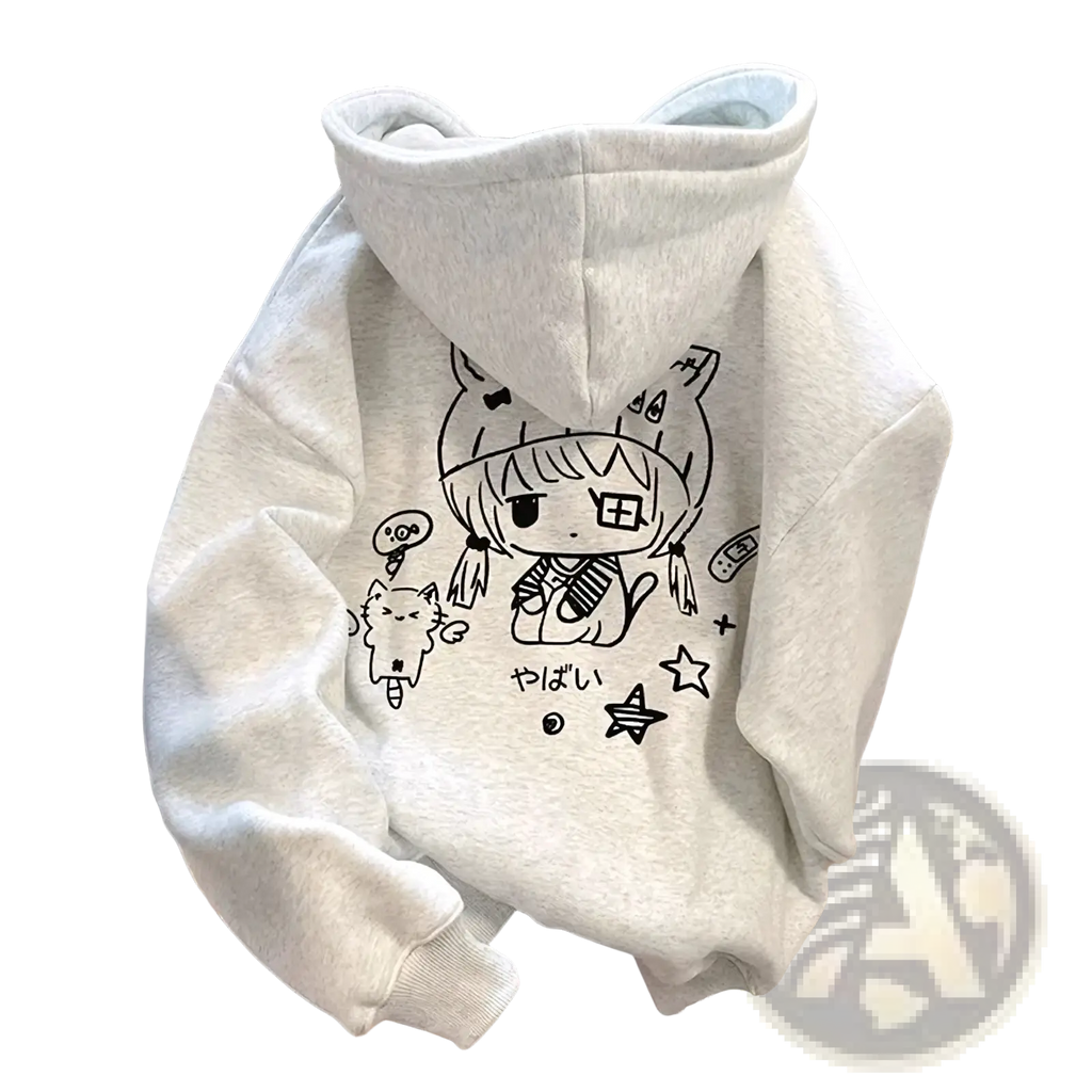 A soft heather gray hoodie with a black line-art anime girl with cat ears in kawaii Harajuku style