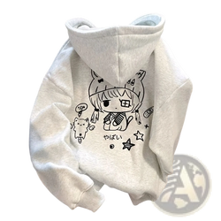 A soft heather gray hoodie with a black line-art anime girl with cat ears in kawaii Harajuku style