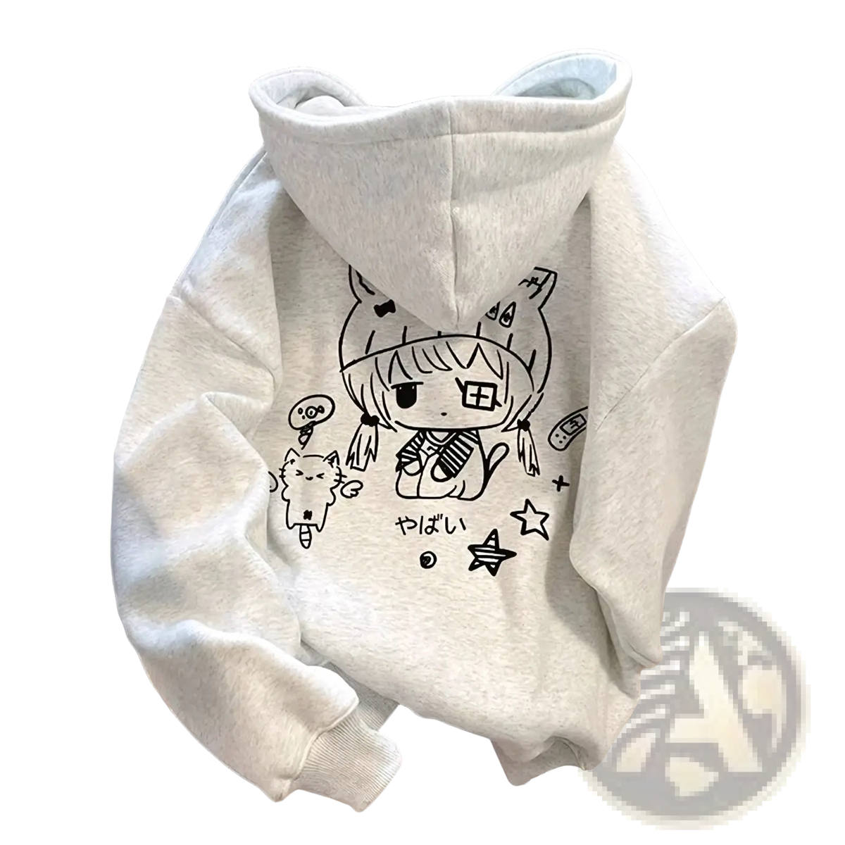 A soft heather gray hoodie with a black line-art anime girl with cat ears in kawaii Harajuku style