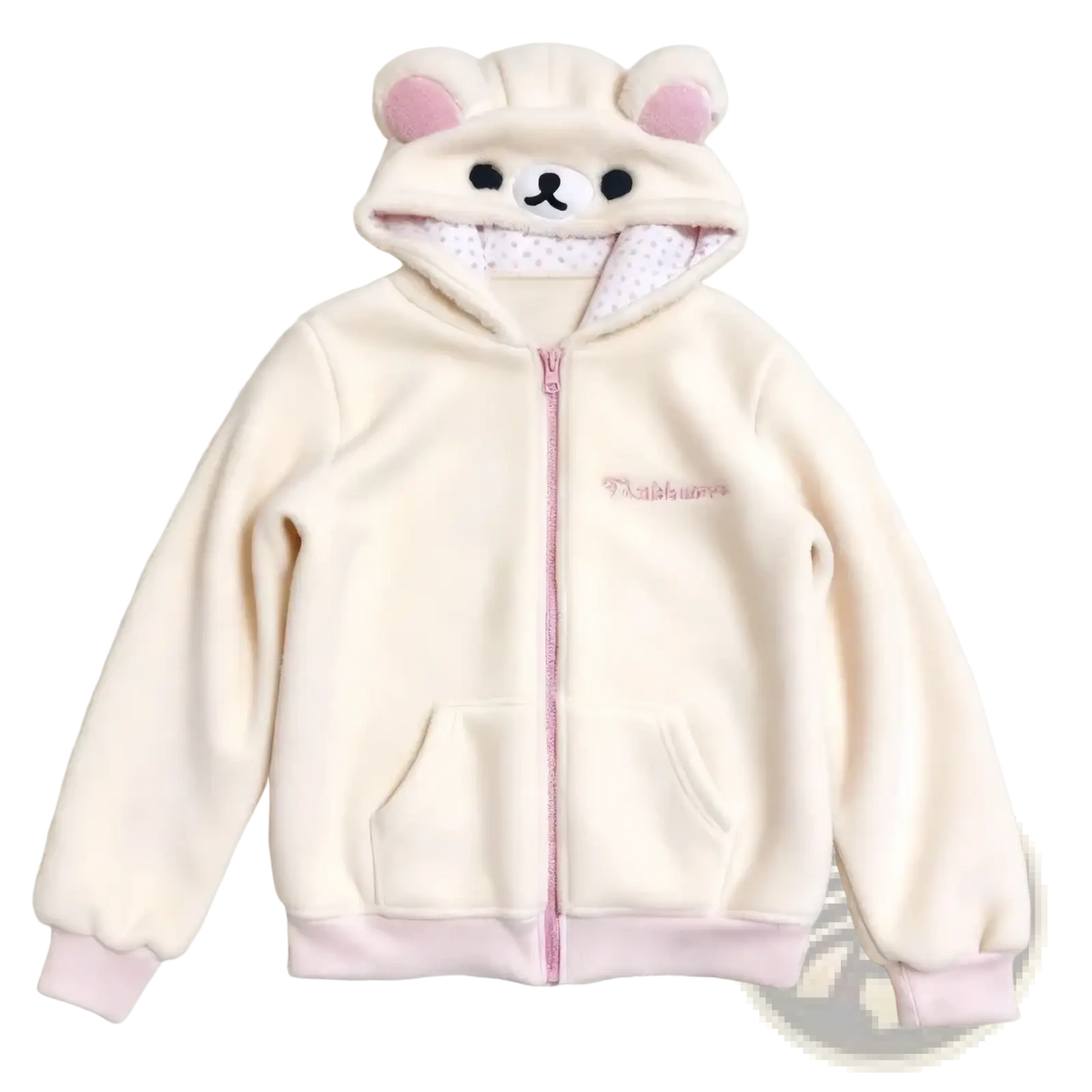 Cream-colored kawaii bear ear zip hoodie plush sweatshirt with bear face hood pink inner ears and matching pink zipper and cuffs