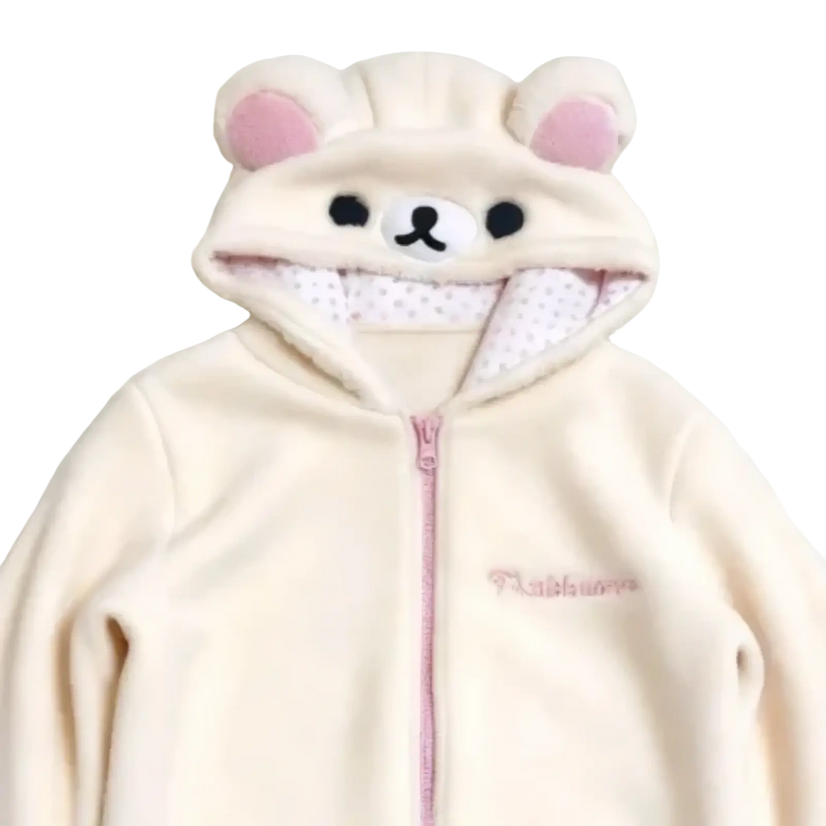 Cream-colored kawaii bear ear zip hoodie made of plush fleece with pink inner ear accents and a bear face on the hood