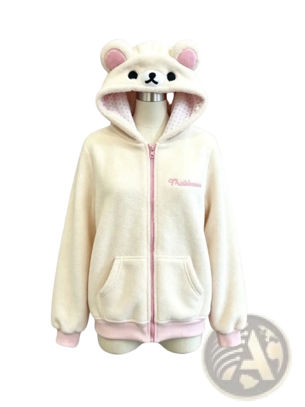 Cream-colored plush zip hoodie with pink trim and bear-shaped hood featuring embroidered rilakkuma branding
