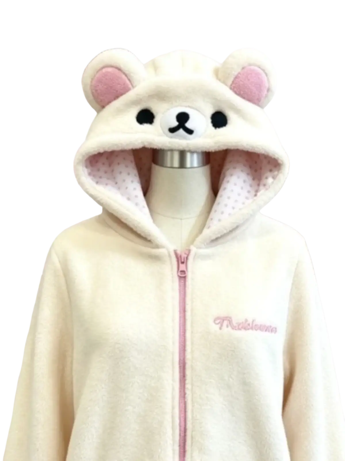 Cream-colored kawaii bear ear zip hoodie made of plush soft fabric with fluffy texture and pink-trimmed hood ears
