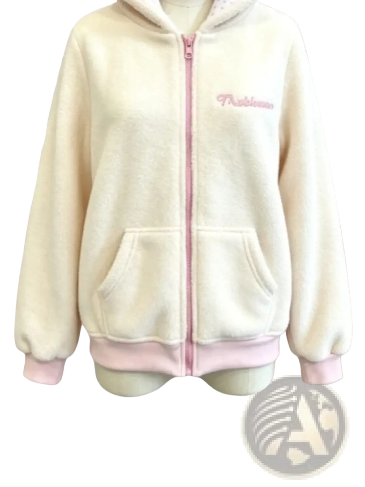 Cream-colored plush zip-up hoodie with pink zipper and trim featuring soft fabric and embroidered mellbloom logo