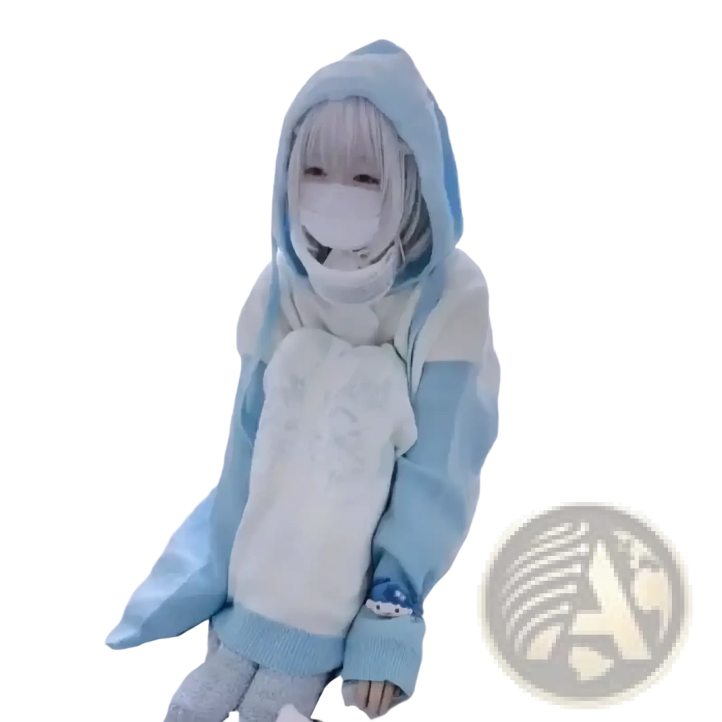 A cozy light blue and white knit kawaii anime angel wing Y2k hoodie with a hood and subtle embroidered chest details