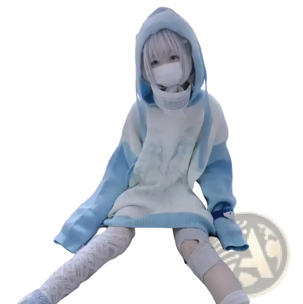 Light blue and white hooded knit sweater with soft textured pattern featuring kawaii anime angel wing design