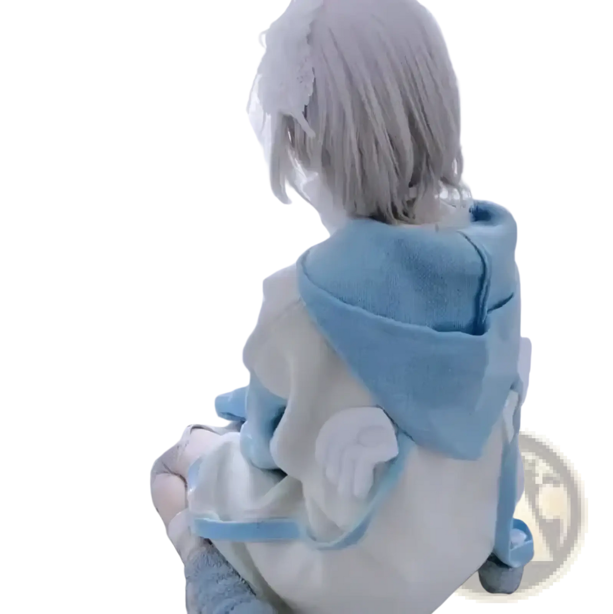 Back view of a soft light blue and white plush hooded onesie with angel wing details kawaii blue anime y2k hoodie