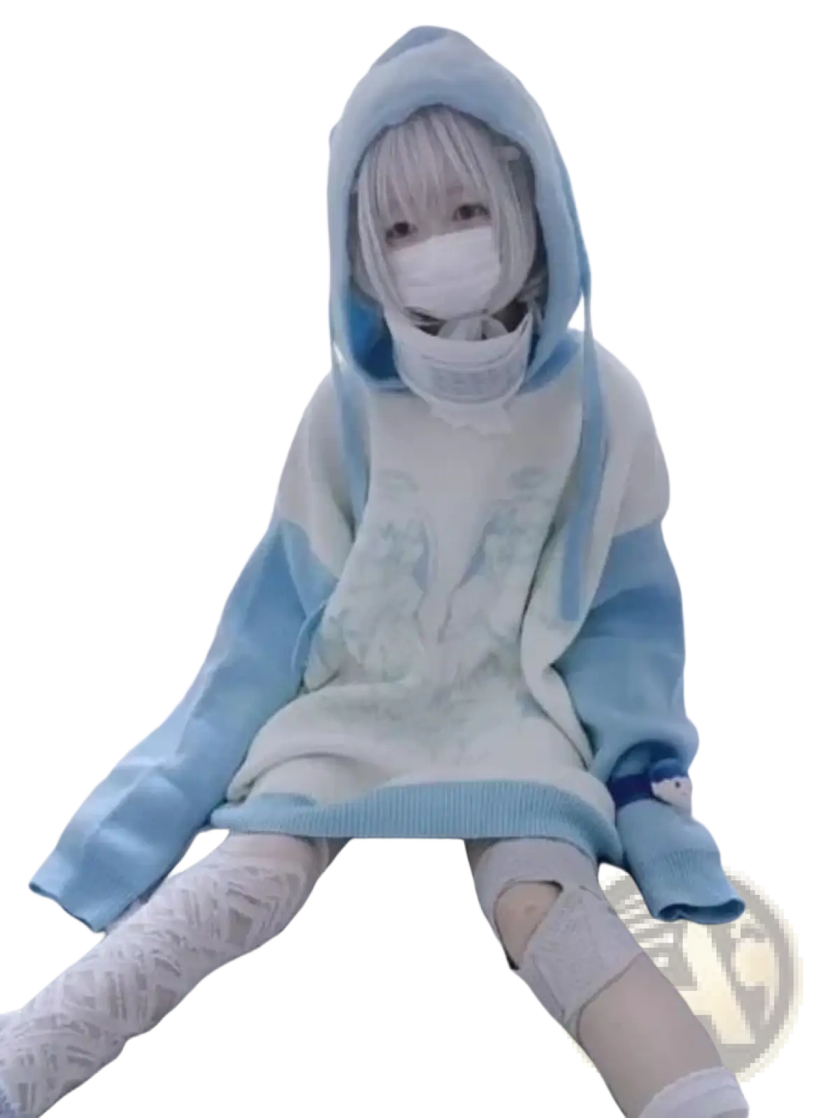 A soft light blue and white hooded sweater with a subtle floral pattern in kawaii blue anime angel wing y2k style