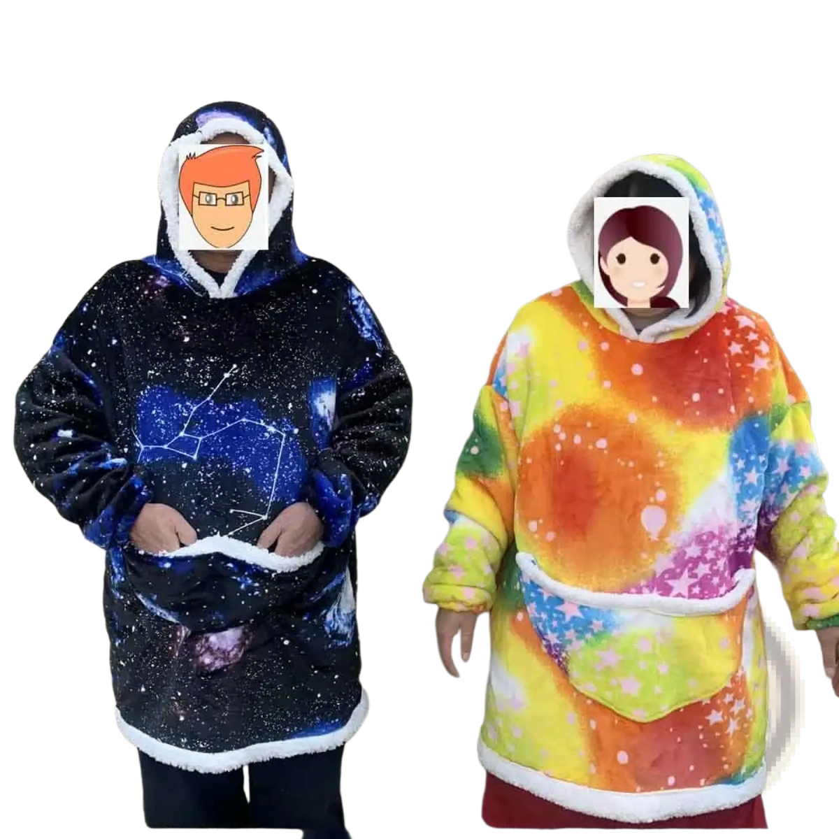 Kawaii cow oversized sherpa fleece blanket hoodie with plush fleece material cosmic rainbow tie-dye and white fur trim