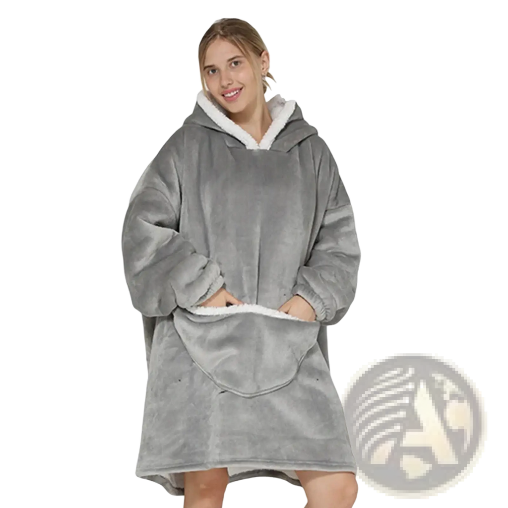 Gray kawaii cow oversized sherpa fleece blanket hoodie with white sherpa lining hood and front pocket