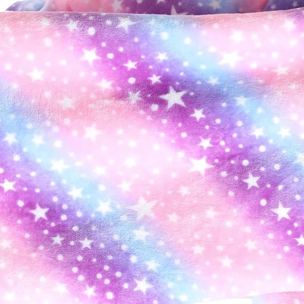 Kawaii cow oversized sherpa fleece blanket hoodie with plush soft texture and dreamy pink purple blue gradient with white stars