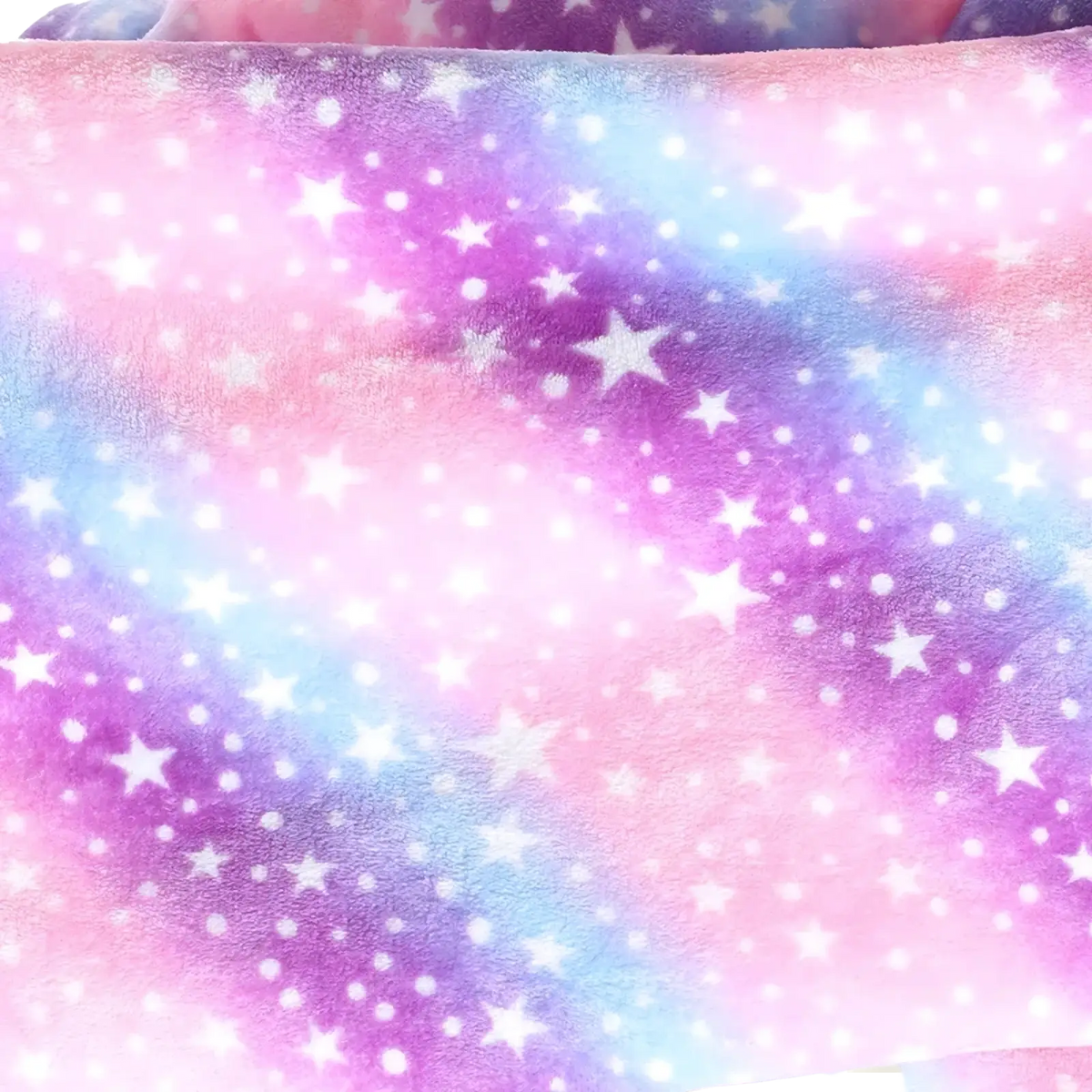 Kawaii cow oversized sherpa fleece blanket hoodie with plush soft texture and dreamy pink purple blue gradient with white stars