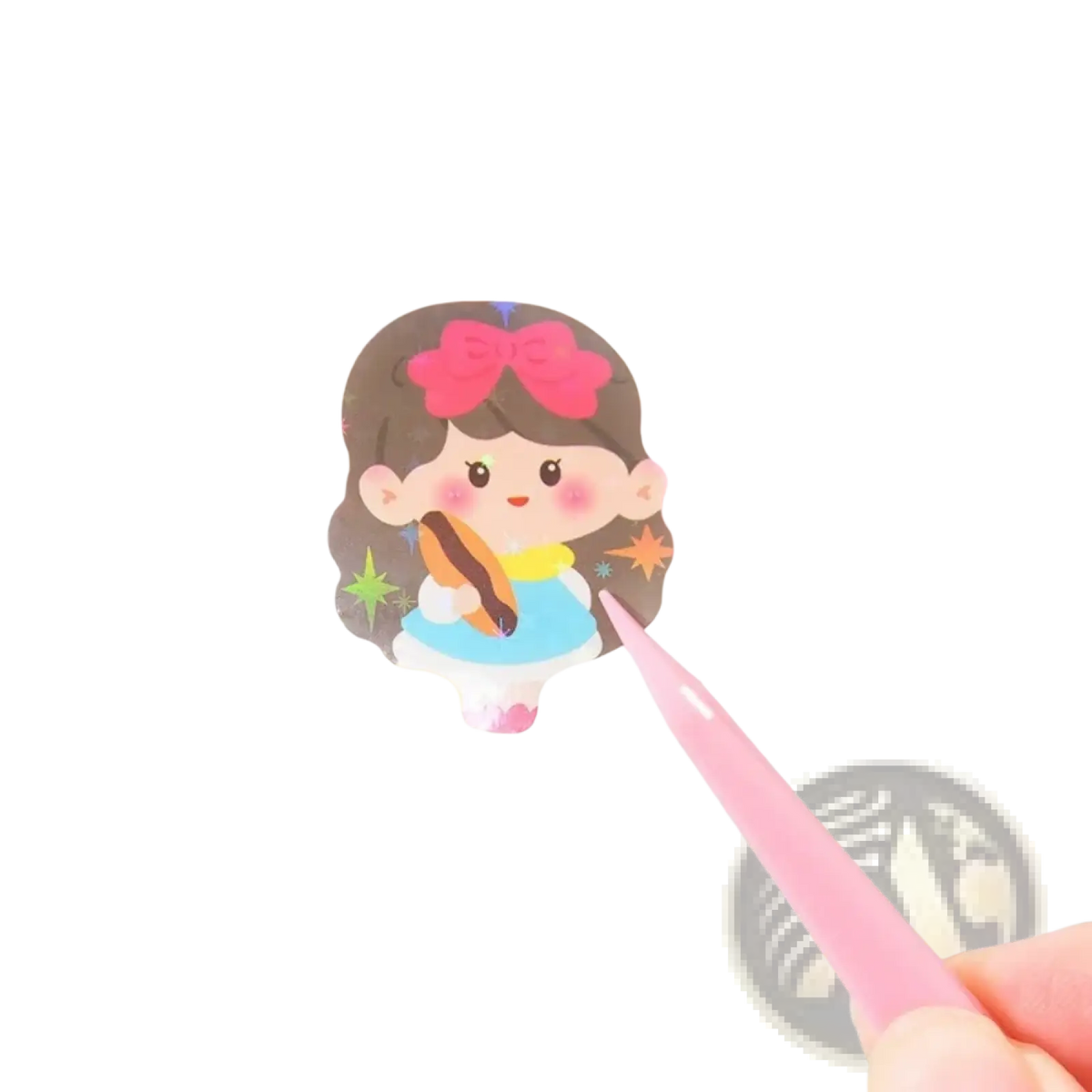 A glittery kawaii cute cartoon sticker of a brown-haired girl with a pink bow holding a hot dog for scrapbooking