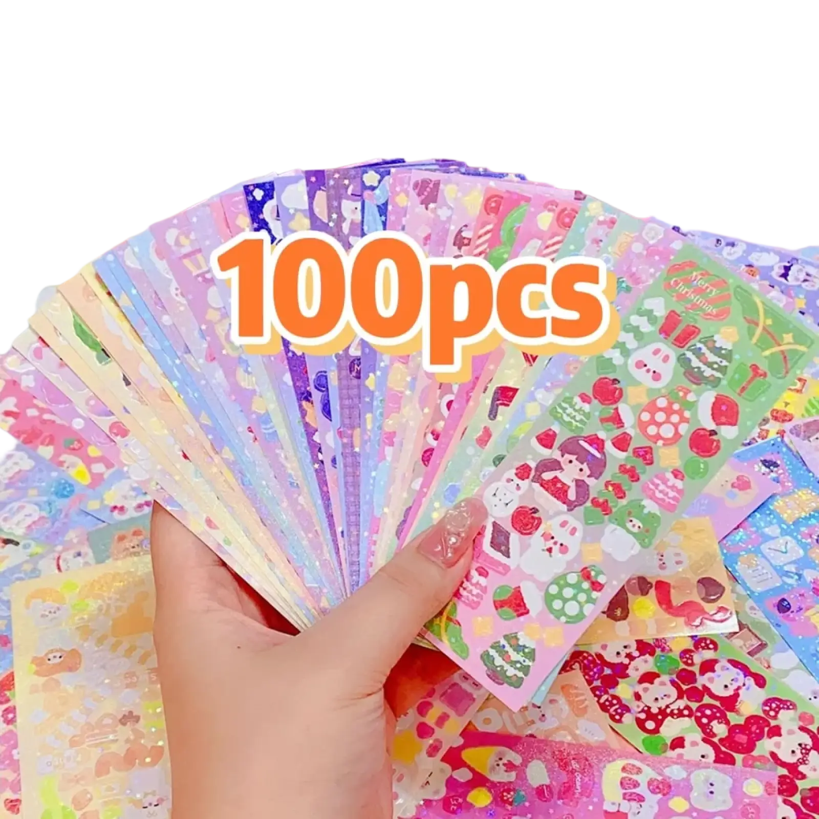 A hand holding colorful iridescent kawaii cute cartoon sticker sheets for scrapbooking and diary decor