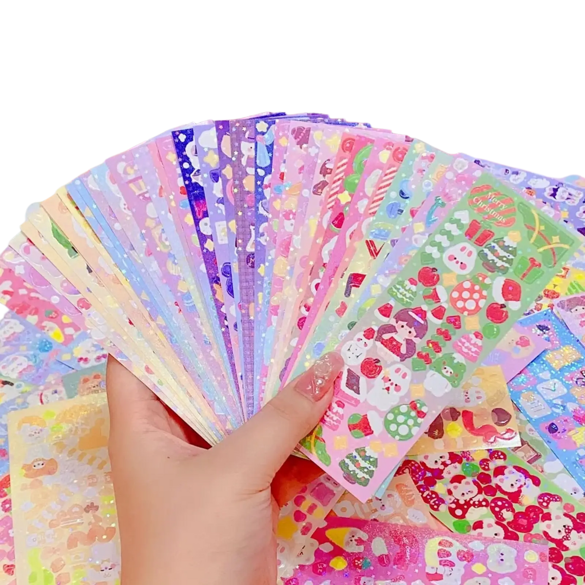 A hand holds colorful glittery kawaii cute cartoon sticker sheets for scrapbooking and diary decor