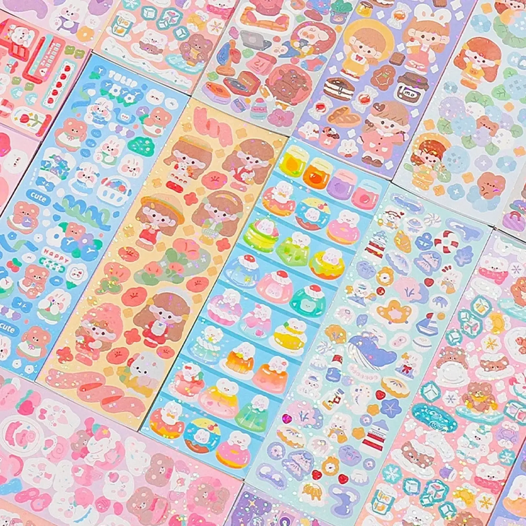 Pastel-colored kawaii cute cartoon sticker sheets featuring food-themed designs for scrapbooking and diary decor