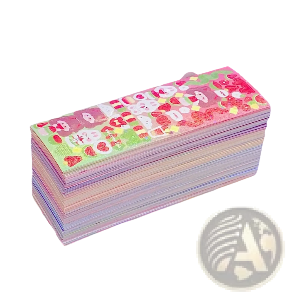 A stack of pastel-colored kawaii cute cartoon stickers featuring food-themed designs for scrapbooking and diary decor
