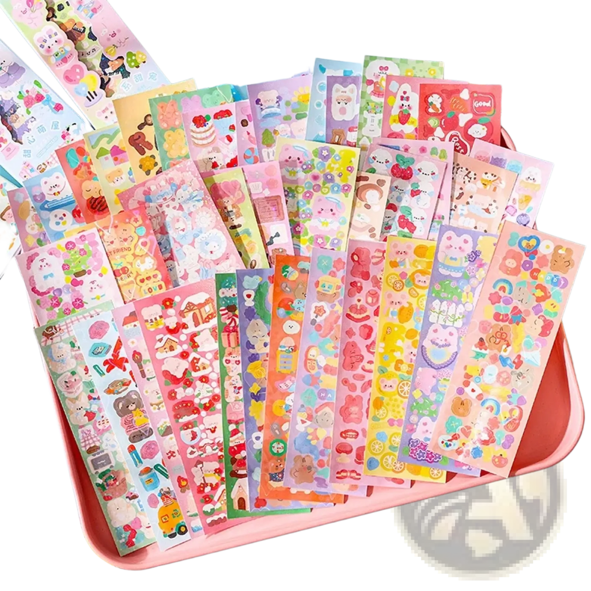 A vibrant collection of pastel-colored kawaii cute cartoon sticker sheets for scrapbooking and diary decor