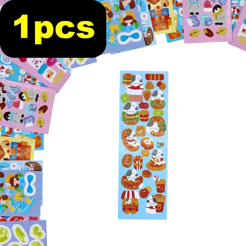 A vibrant blue kawaii cute cartoon sticker sheet featuring cats enjoying fast food for scrapbooking and diary decor