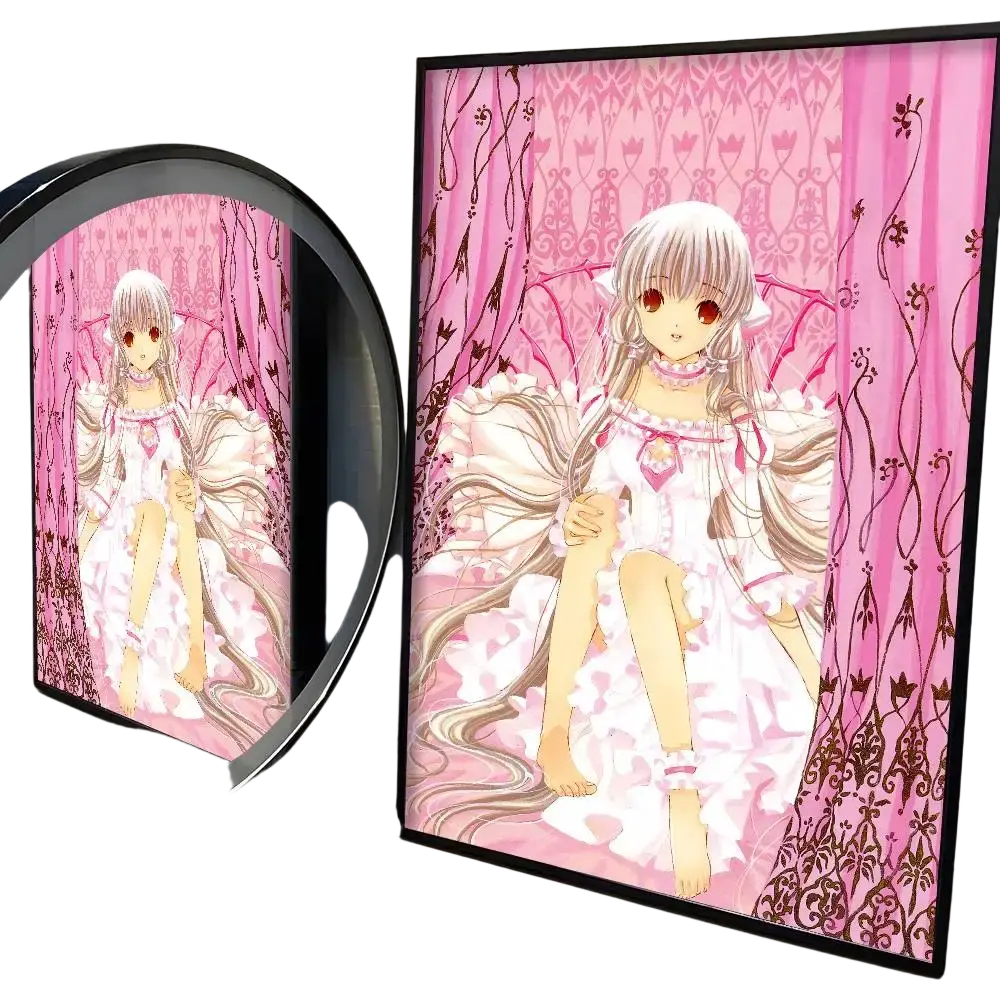 A framed kawaii girl cute anime wall art print featuring a silver-haired girl with butterfly wings on pink background