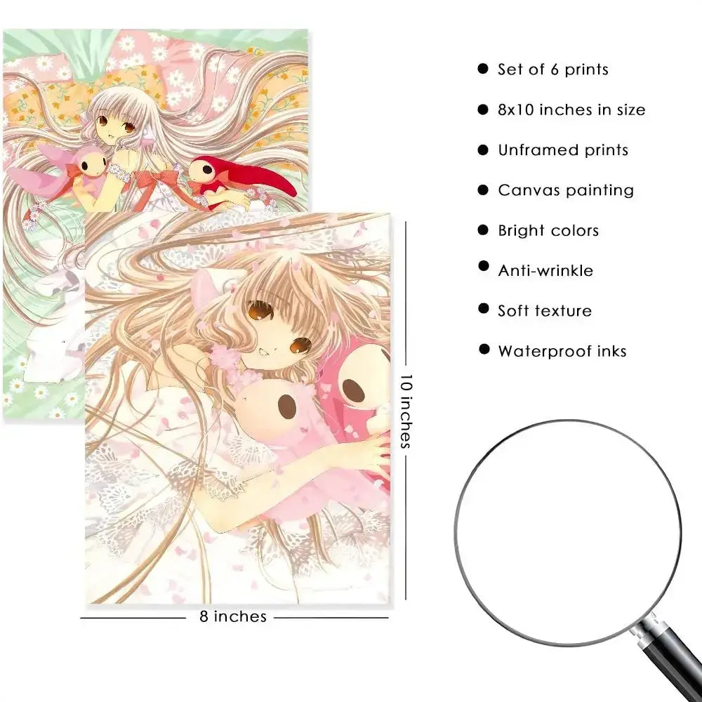 Set of six 8x10 inch unframed canvas prints featuring vibrant kawaii girl cute anime illustrations with soft textures