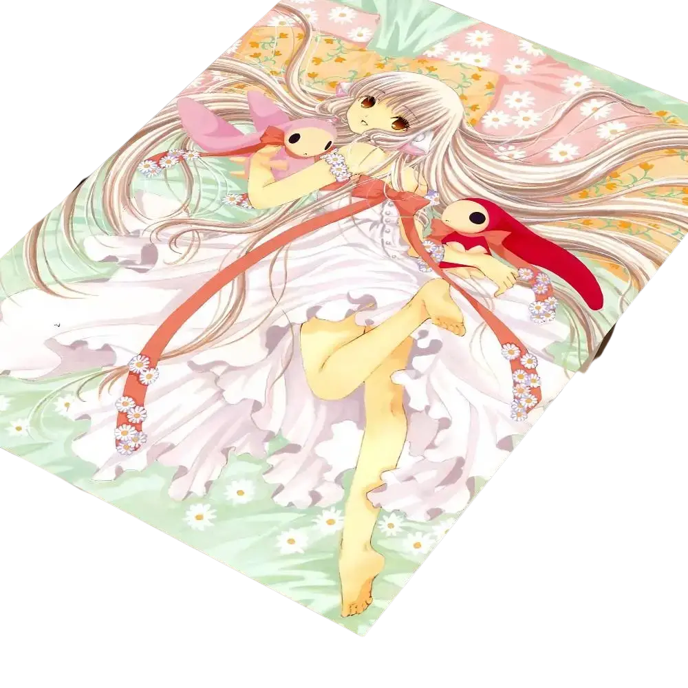 A soft pastel kawaii girl cute anime wall art print featuring a long-haired girl in white holding pink and red plush creatures