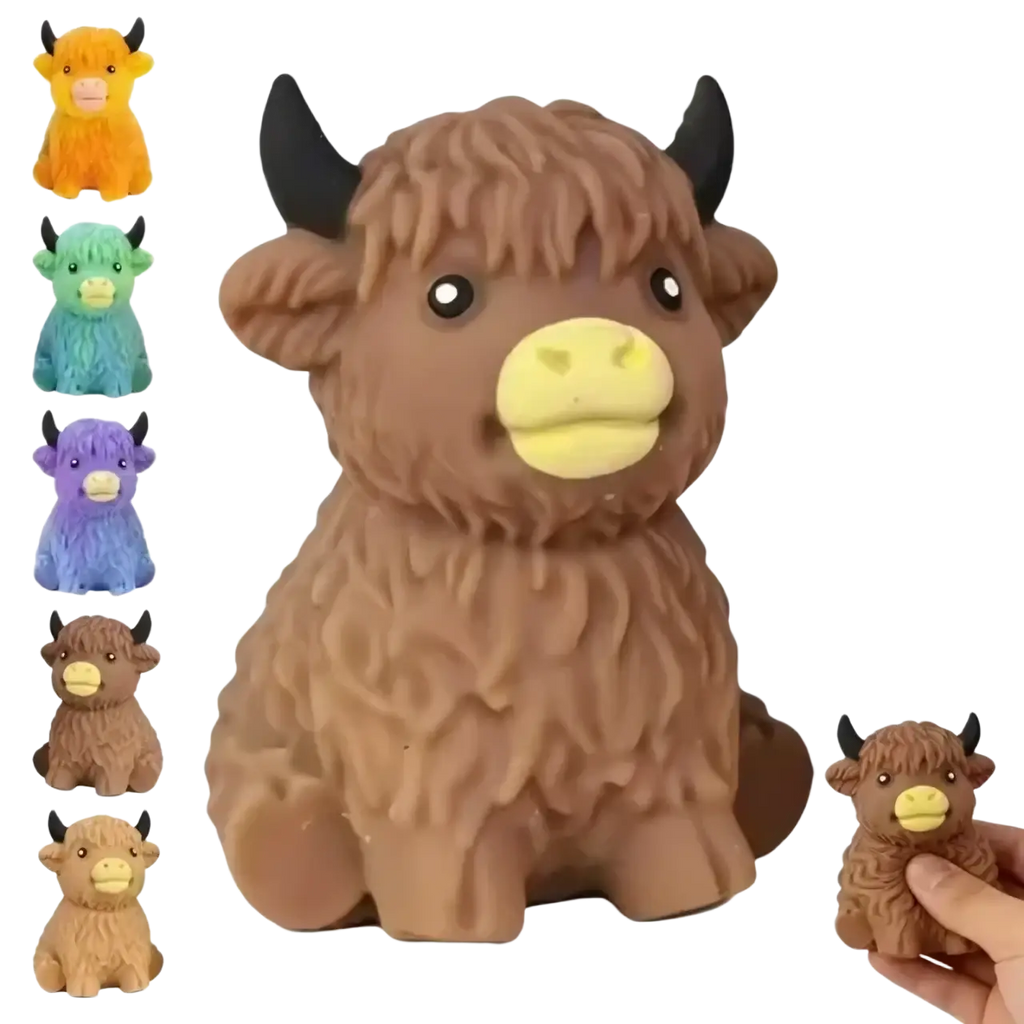 Kawaii highland cow squishy stress relief toy in brown with black horns yellow nose and textured fur surface