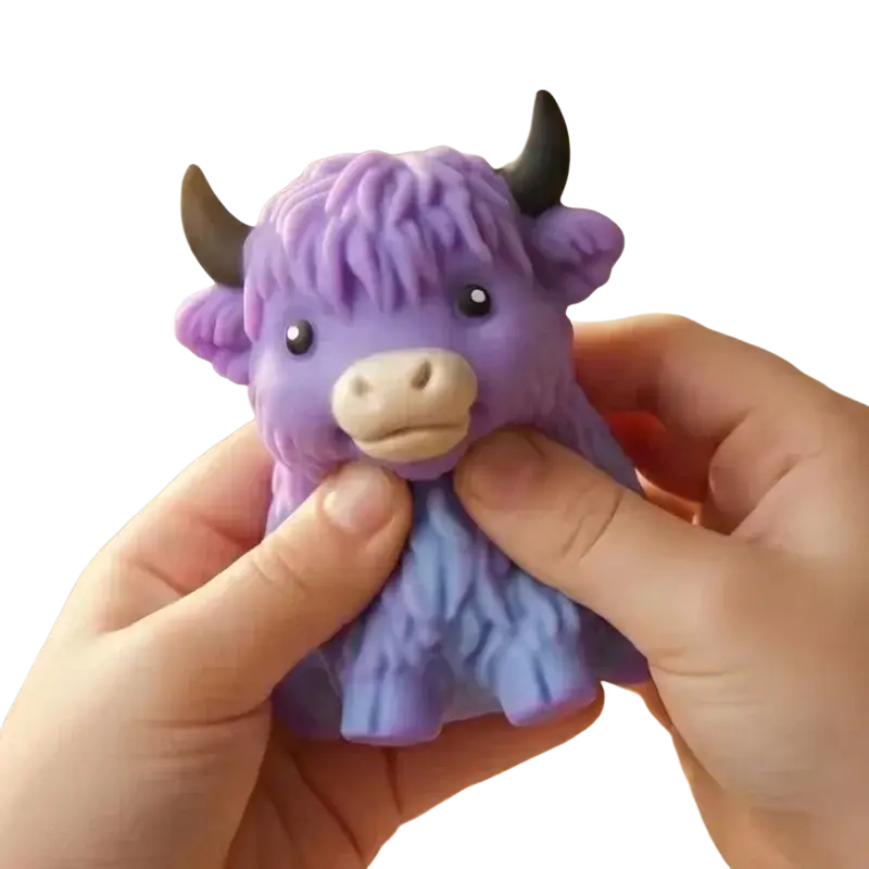 Purple plush kawaii Highland cow squishy stress relief toy with black horns beige snout and textured fur details