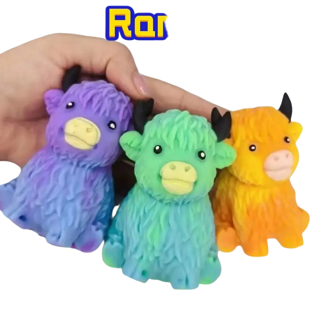 Kawaii highland cow squishy stress relief toys in purple green and orange fuzzy design with black horns and yellow snouts