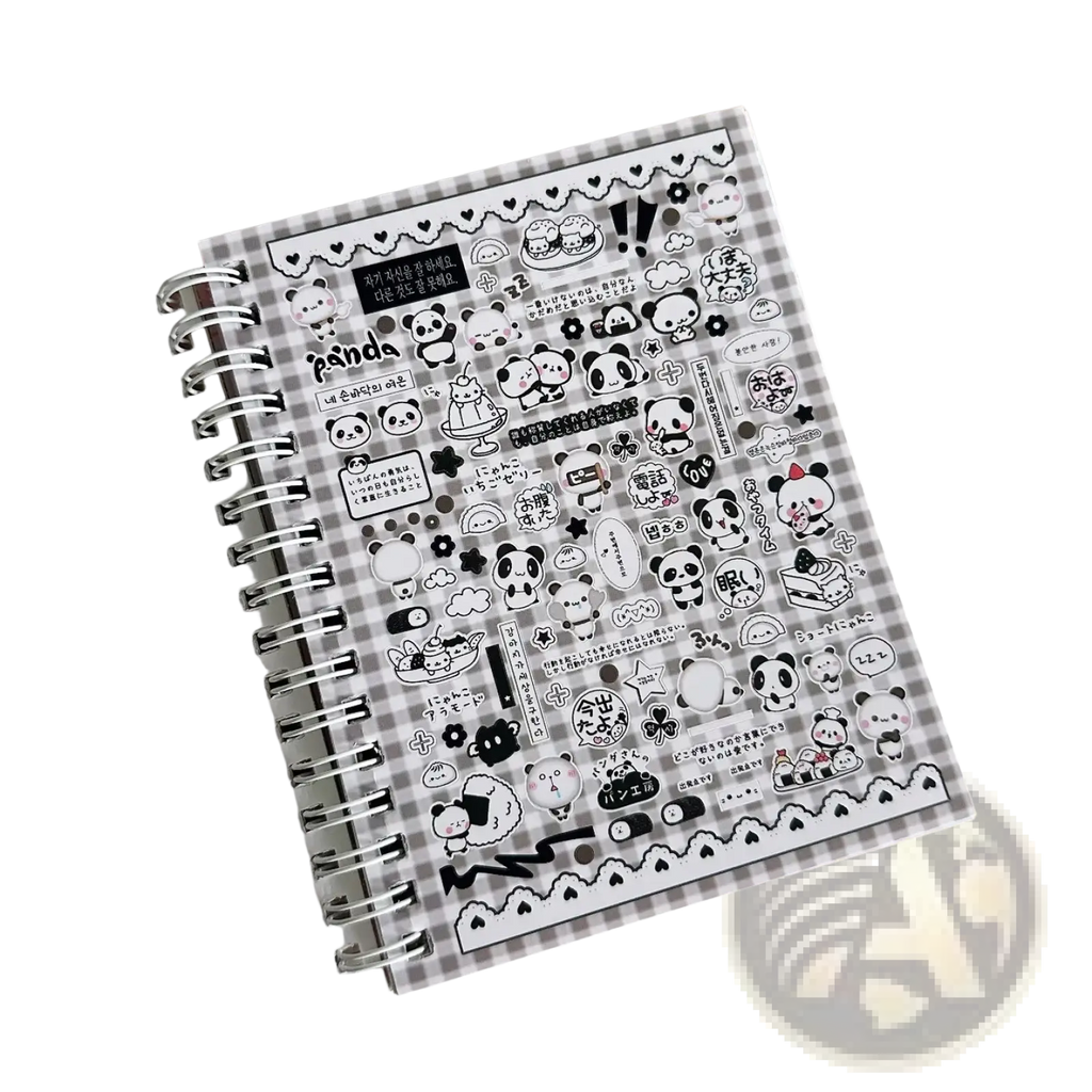 A black and white panda-themed sticker sheet with japanese text on checkered background from kawaii kpop sticker book spiral journal stationery