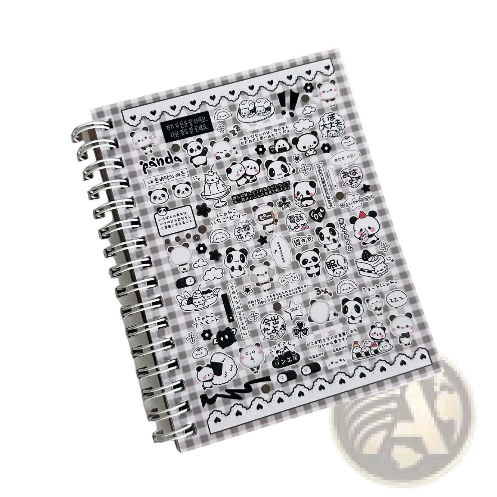 A black and white panda-themed sticker sheet with japanese text on checkered background from kawaii kpop sticker book spiral journal stationery