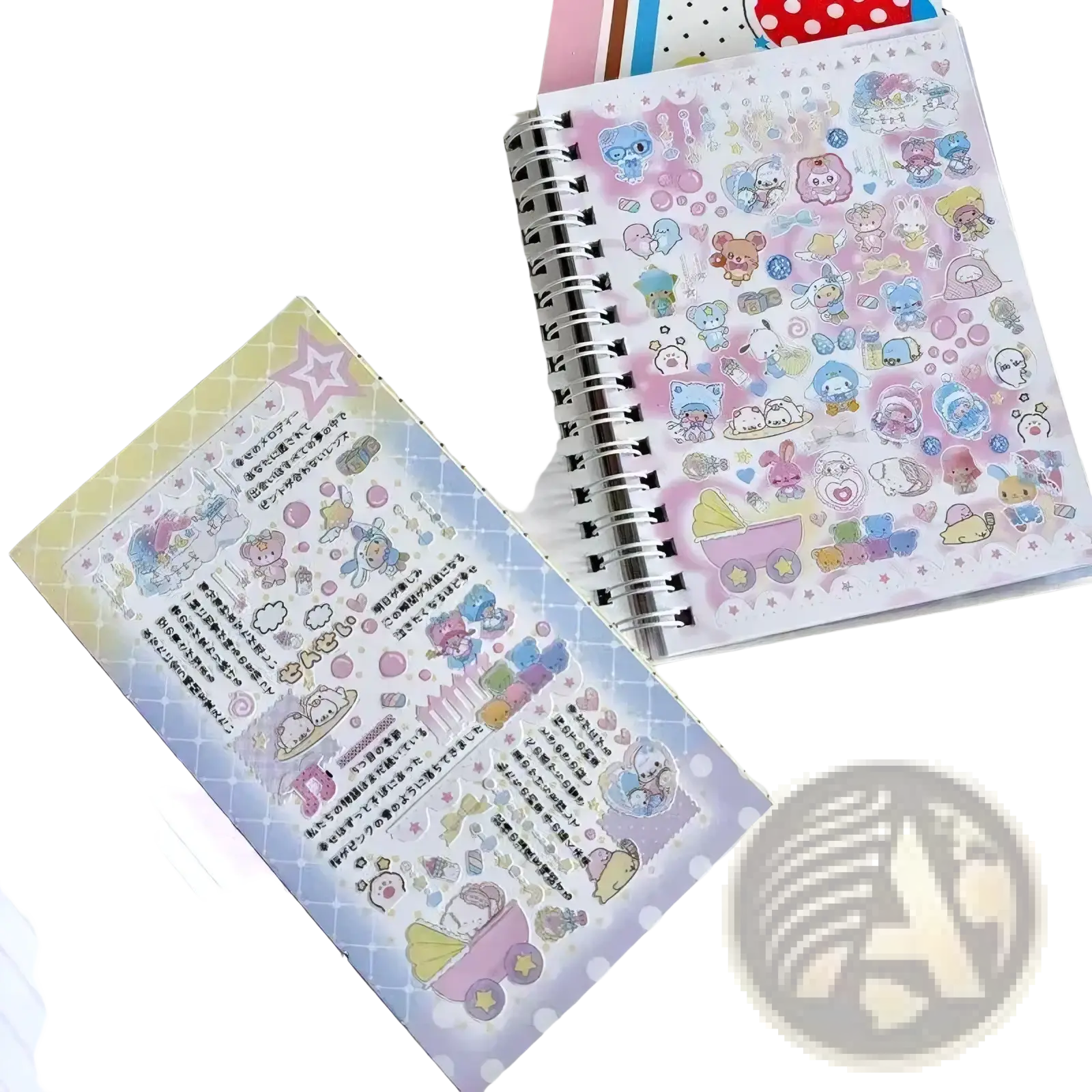 Pastel-colored spiral-bound kawaii kpop sticker book journal with cute cartoon characters and decorative stickers on pages