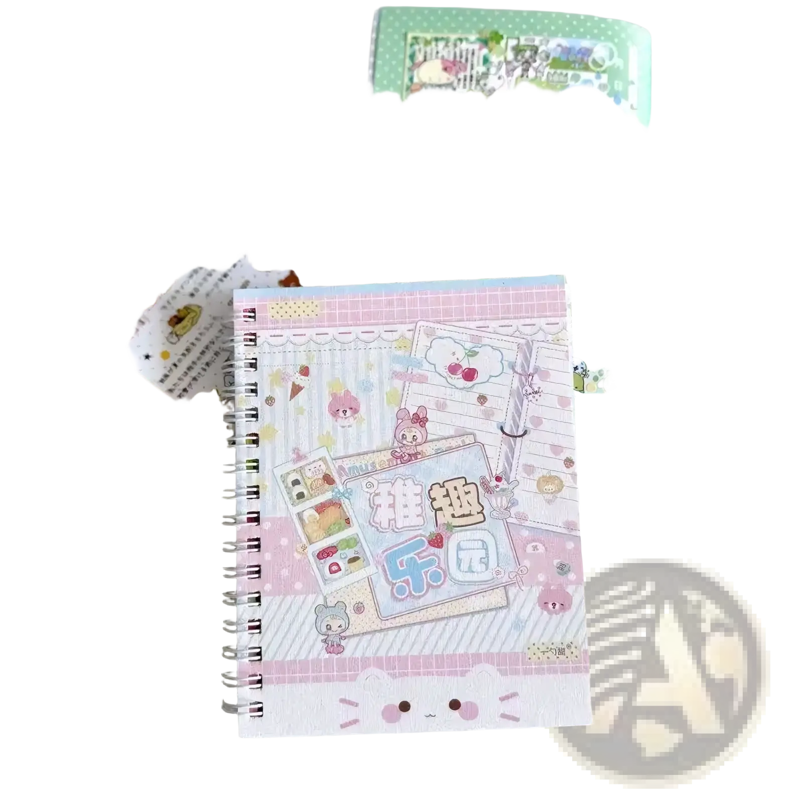 Pink spiral-bound kawaii kpop sticker book journal with cute cartoon characters and cat face design on cover
