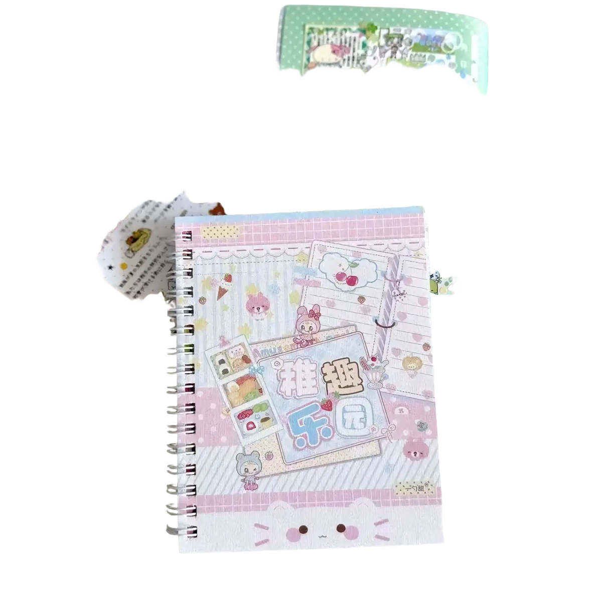 Pink spiral-bound kawaii kpop sticker book journal with cute cartoon characters and cat face design on cover