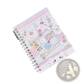 A pink and white spiral-bound kawaii kpop sticker book journal with cute cartoon characters and playful pastel design