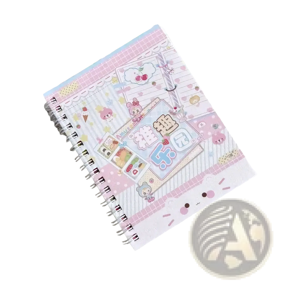 A pink and white spiral-bound kawaii kpop sticker book journal with cute cartoon characters and playful pastel design