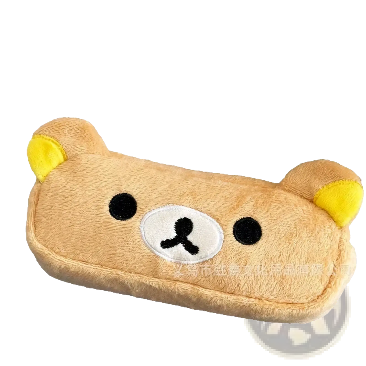 Soft tan plush kawaii rilakkuma pencil case shaped like a bear with yellow inner ears and embroidered face details