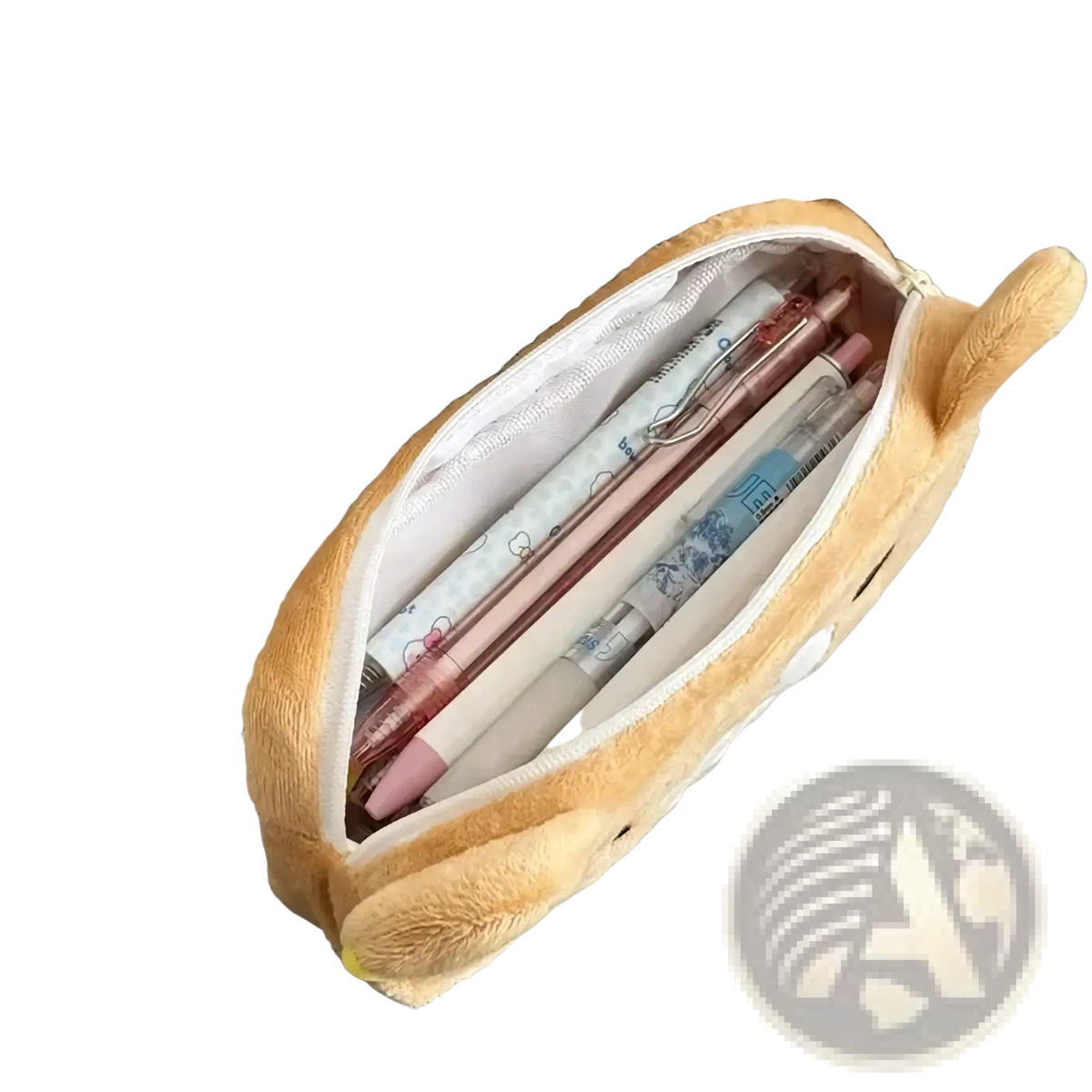 Soft tan plush kawaii rilakkuma pencil case with white lining holding several pens for cute storage