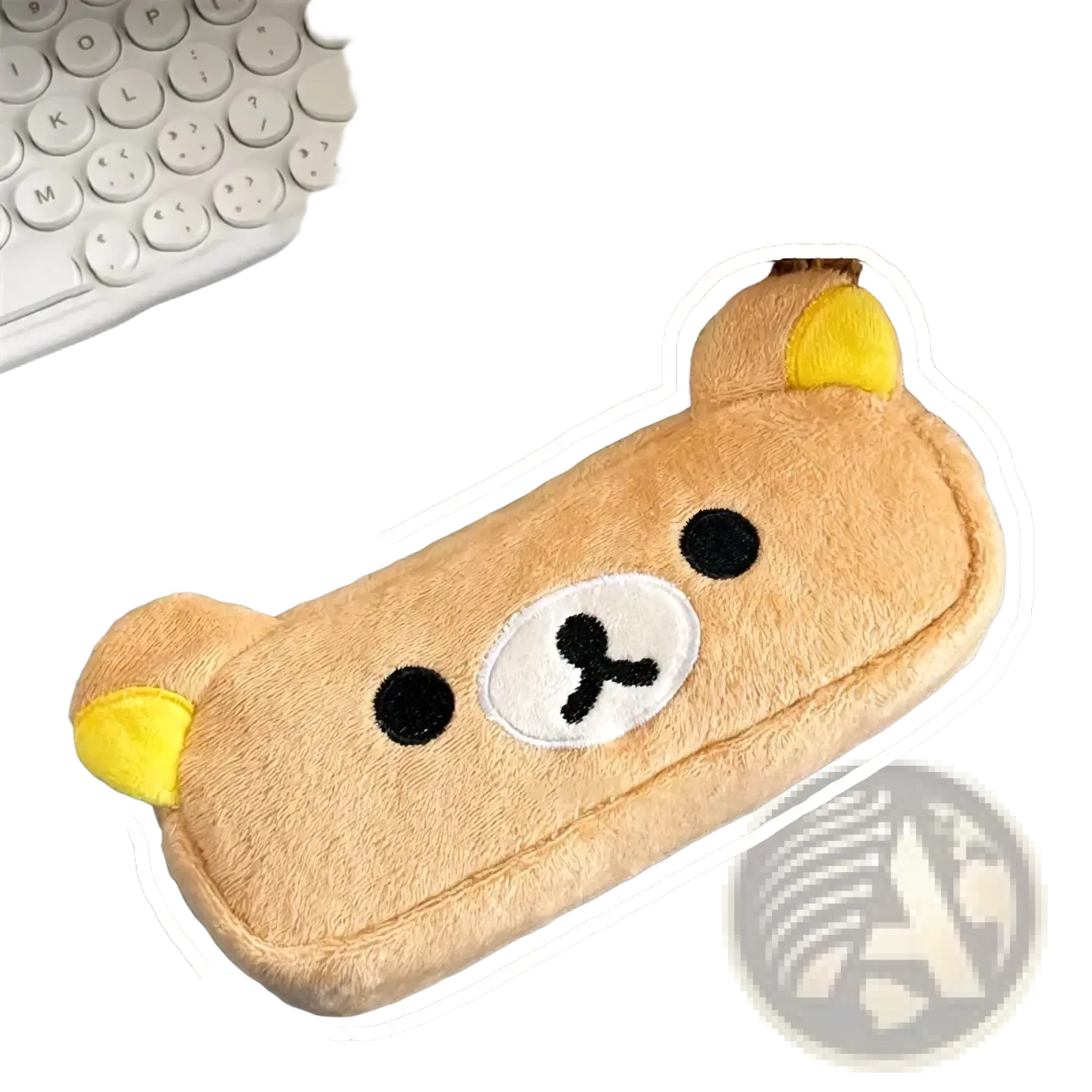 Tan plush bear-shaped kawaii rilakkuma pencil case with yellow inner ears embroidered black eyes and nose