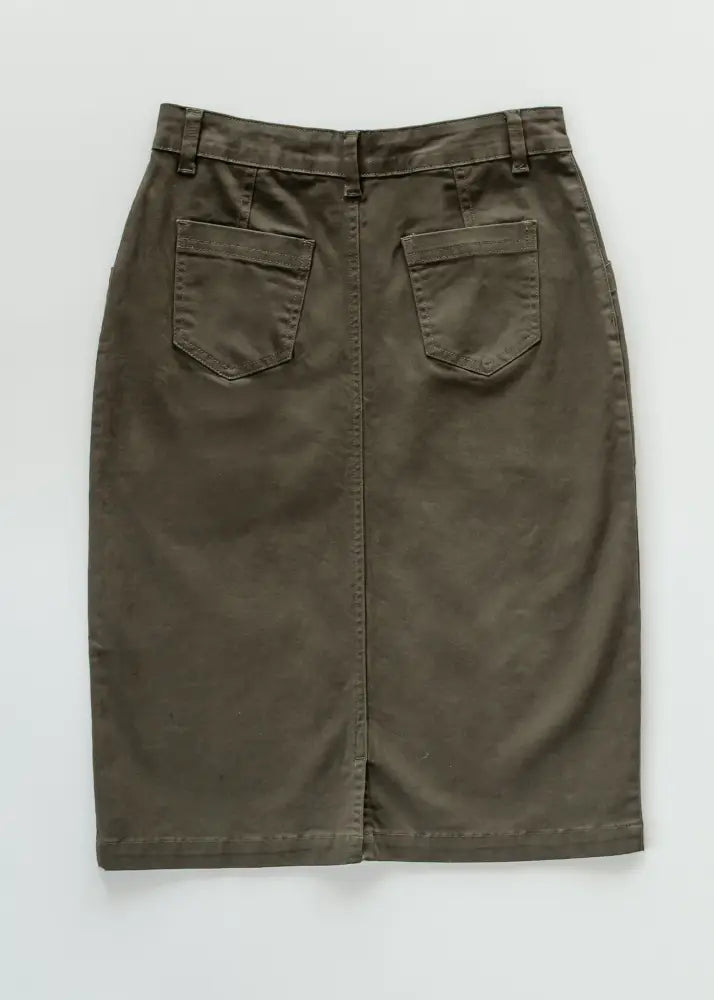 Back side of kennedy olive button front midi denim skirt in olive green with two back pockets and central seam